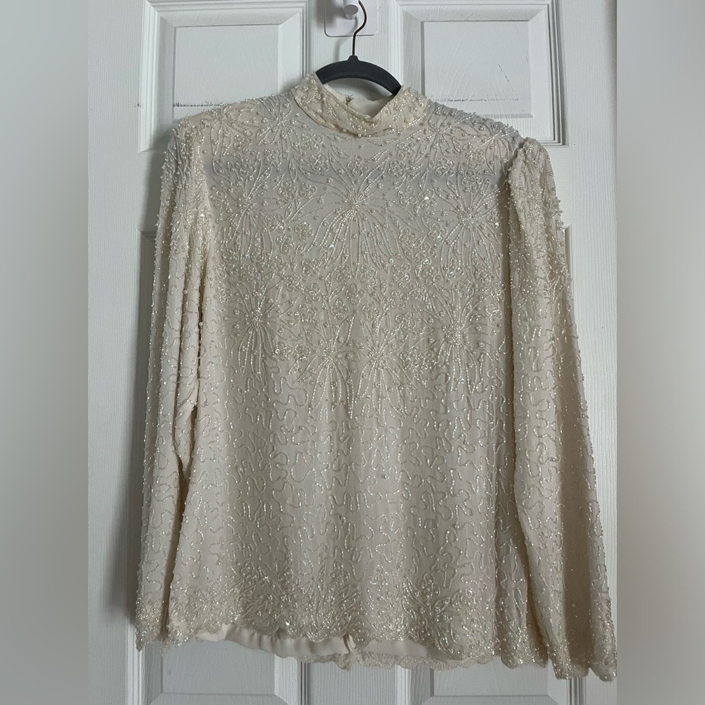 Women's Vintage Embellished High-Neck Long Sleeve Beaded Top - Cream